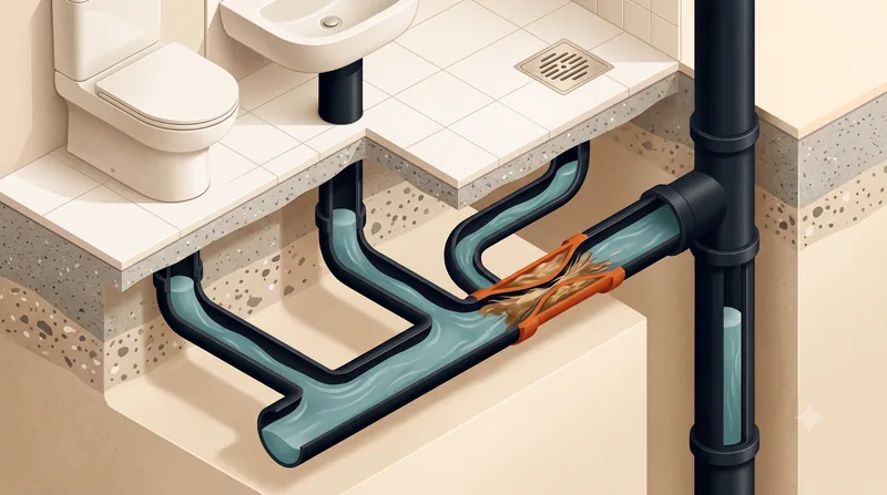 Banyo zemininin altındaki gider tesisatının kesit illüstrasyonu: klozet, lavabo ve yer süzgecinden gelen hatlar ana kolonda birleşiyor, birleşim noktasında birikinti kaynaklı daralma var.