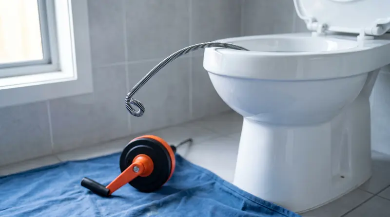 Banyo zeminine serilmiş örtünün üzerinde el spirali makinesi ve klozetin çıkışına doğru ilerleyen çelik spiral tel.